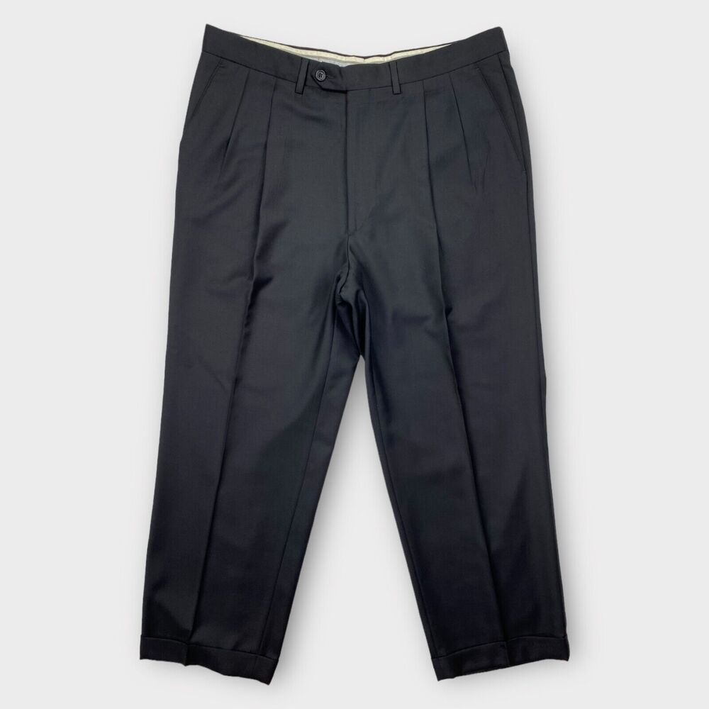 $255 Santorelli Dress Pants Mens 35x28 Como 2 Pleated Black Trousers Wool Italy - Picture 2 of 15